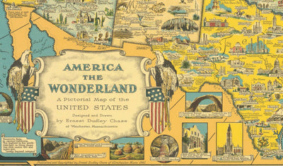 Antiguo mapa pictórico de EE.UU., 1941 por E. Chase - "América el País de las Maravillas" - Lugares de interés ilustrados, maravillas naturales