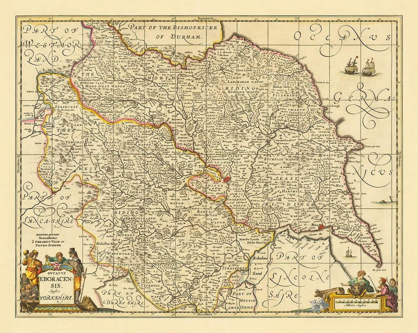 Mapa antiguo de Yorkshire, 1690 - York, Leeds, Sheffield, Rotherham, Doncaster, Middlesbrough, Hull, Whitby, Humber