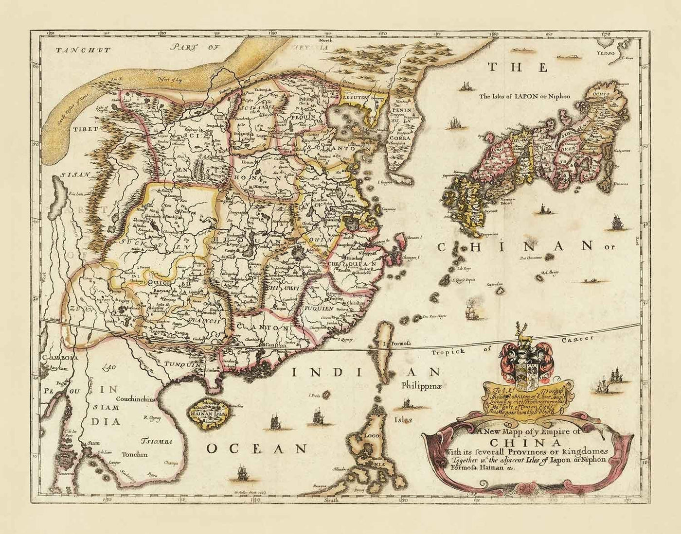 Mapa antiguo de China y Asia Oriental, 1669 por Blome - Gran Muralla, Cantones, Corea, Japón, Vietnam, Tailandia, Camboya