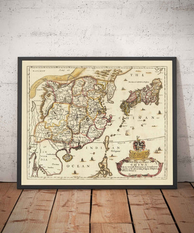 Old Map of China and East Asia, 1669 par Blome - Grande mur, cantons, Corée, Japon, Vietnam, Thaïlande, Cambodge