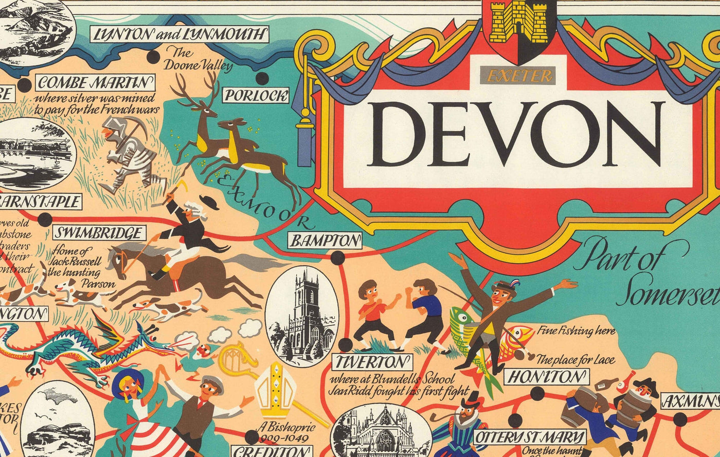 Devon Train Line Map Old Pictorial Map of Devon, 1950 by Bowyer - British Railway, Torquay ...