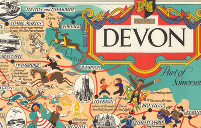 Old Pictorial Map of Devon, 1950 par Bowyer - British Railway, Torquay, Torrington, Clovelly, West Country