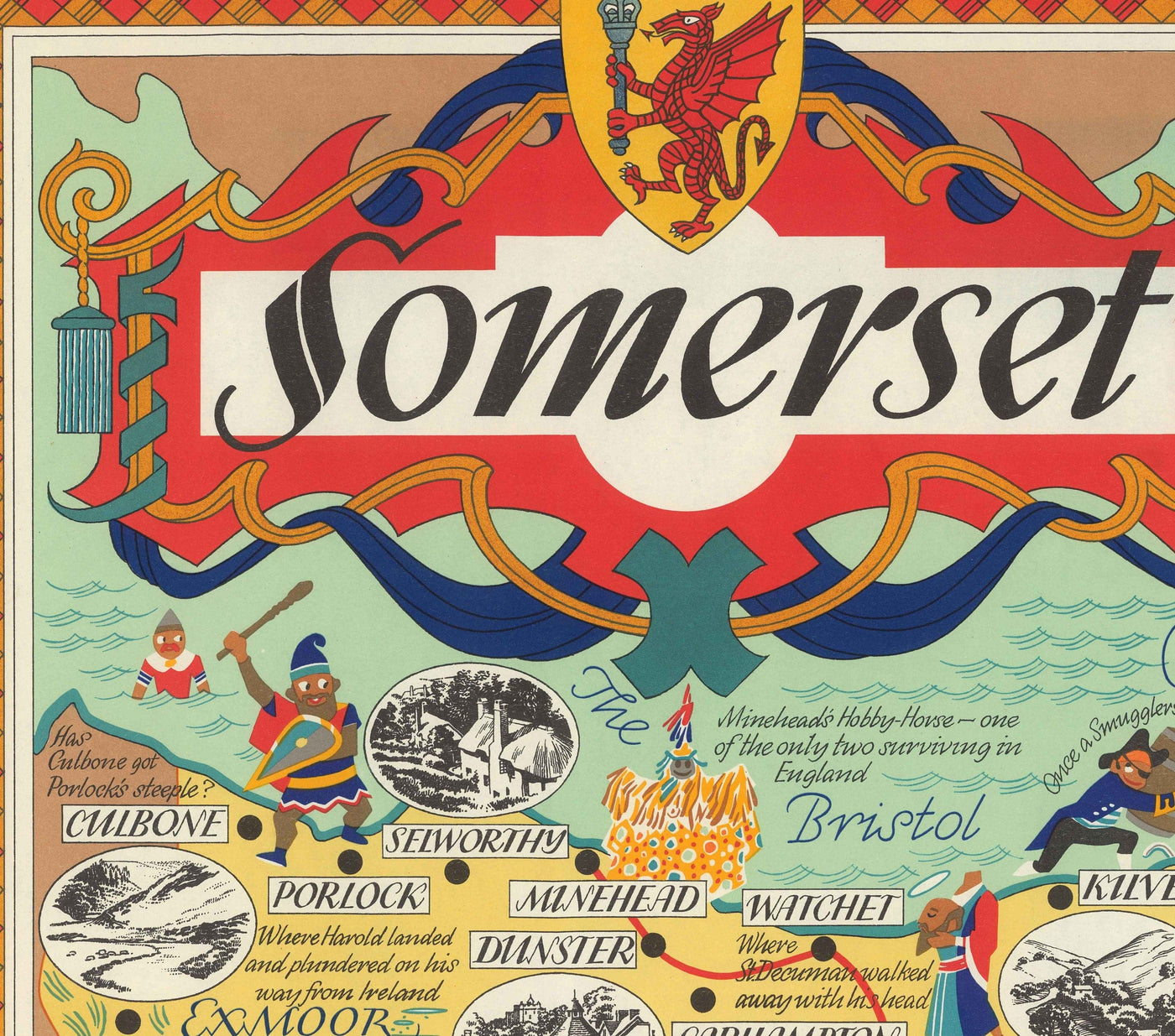 Antiguo mapa pictórico de Somerset, 1950 - Ferrocarril británico, Weston-super-Mare, Somerton, Dulverton, Bath, West Country
