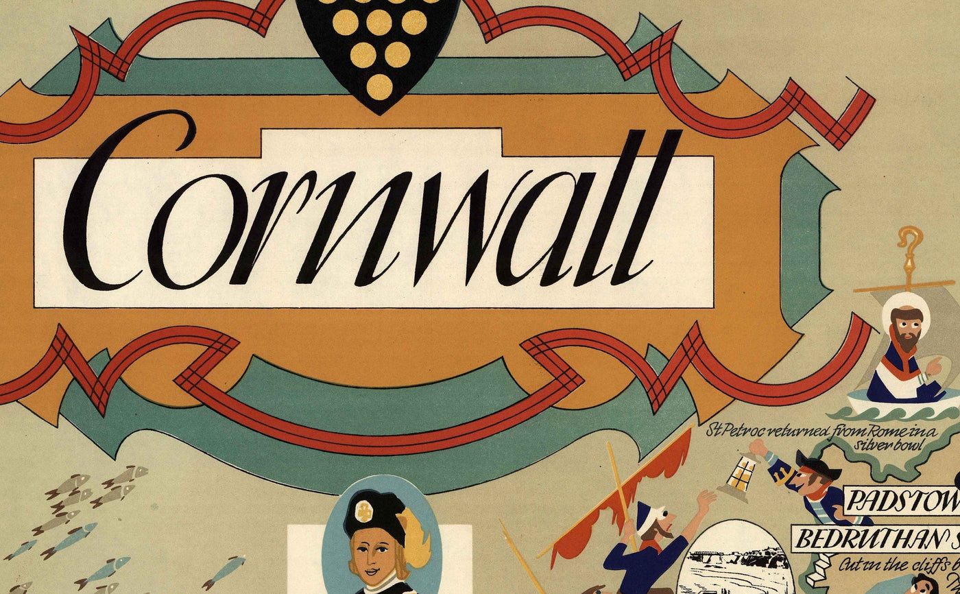 Old Pictorial Map of Cornwall, 1950 par Bowyer - British Railway, St Ives, Newquay, Plymouth, Truro, West Country