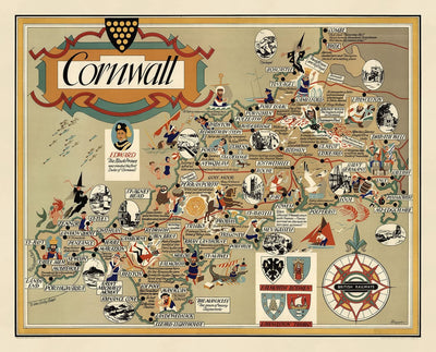 Antiguo mapa pictórico de Cornualles, 1950 por Bowyer - Ferrocarril británico, St Ives, Newquay, Plymouth, Truro, West Country