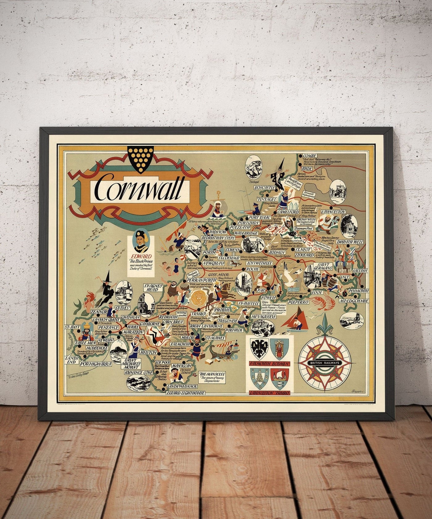Old Pictorial Map of Cornwall, 1950 par Bowyer - British Railway, St Ives, Newquay, Plymouth, Truro, West Country