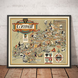 Old Pictorial Map of Cornwall, 1950 by Bowyer - British Railway, St Ives, Newquay, Plymouth, Truro, West Country