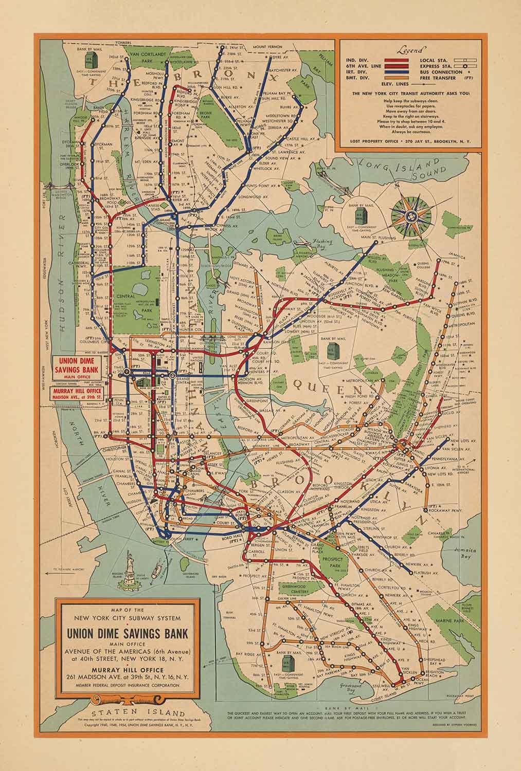 Antiguo mapa del metro de Nueva York, 1954 por Voorhies - Líneas de tren de Queens, Brooklyn, Manhattan, IND, IRT, BMT