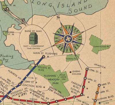 Ancien plan de métro de la ville de New York, 1954 par Voorhies - Queens, Brooklyn, Manhattan, IND, IRT, BMT Rail Lines
