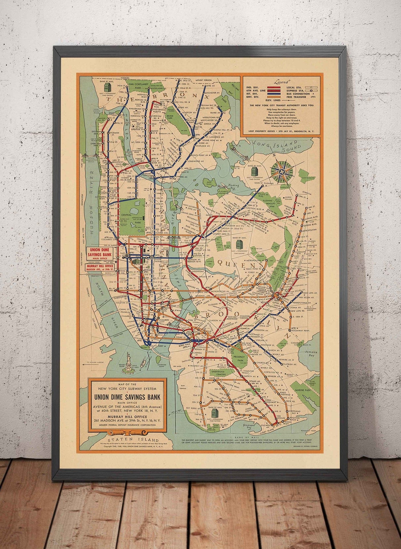 Old Subway Map of New York City, 1954 by Voorhies - Queens, Brooklyn, Manhattan, IND, IRT, BMT Rail Lines