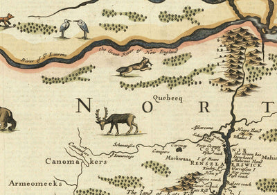 Carte ancienne de New York et de la Nouvelle-Angleterre, 1676 par John Speed - Côte Est des États-Unis, New Jersey, Massachusetts, Colonies britanniques