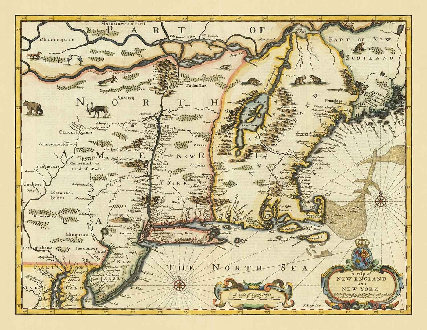 Antiguo mapa de Nueva York y Nueva Inglaterra, 1676 por John Speed - Costa Este de EEUU, Nueva Jersey, Massachusetts, Colonias Británicas