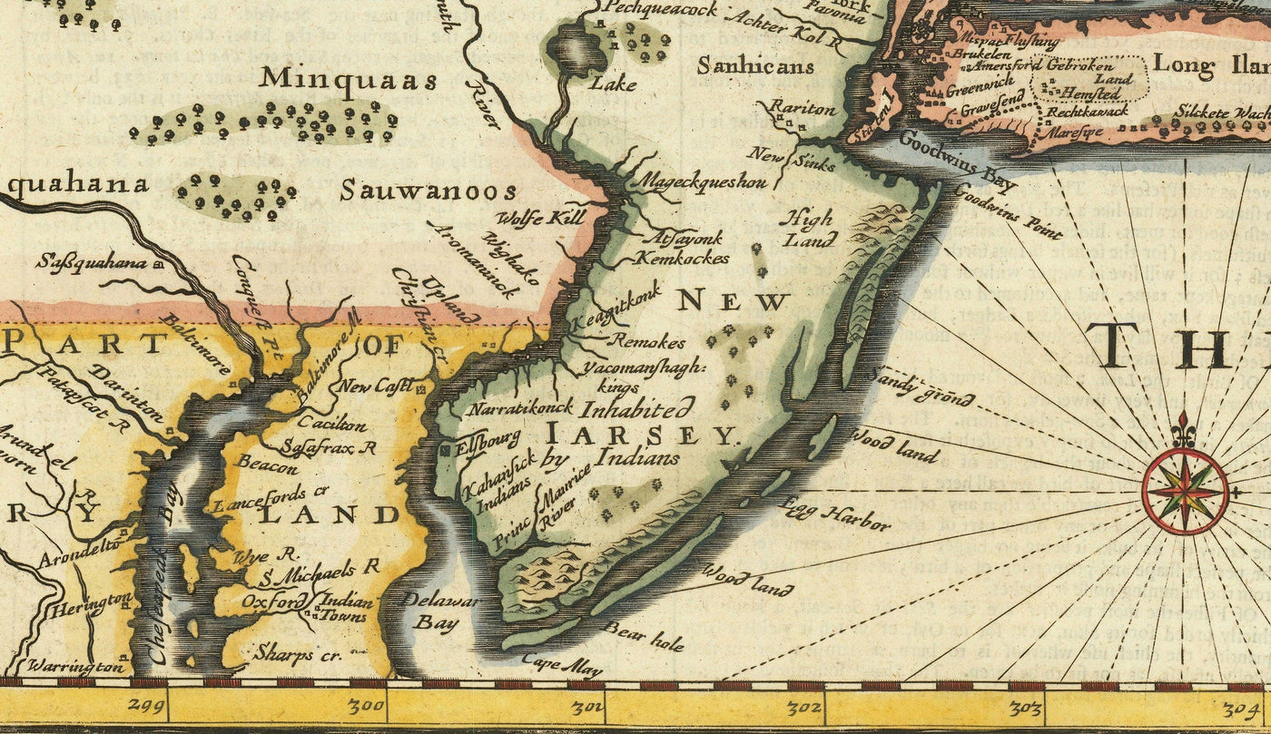 Carte ancienne de New York et de la Nouvelle-Angleterre, 1676 par John Speed - Côte Est des États-Unis, New Jersey, Massachusetts, Colonies britanniques