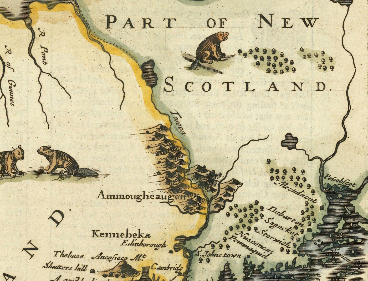 Antiguo mapa de Nueva York y Nueva Inglaterra, 1676 por John Speed - Costa Este de EEUU, Nueva Jersey, Massachusetts, Colonias Británicas