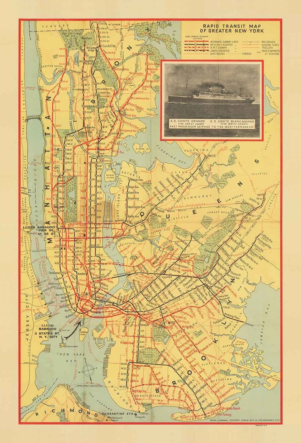 Old Subway Map of New York City in 1927 - Queens, Brooklyn, Railway, Manhattan, INT, BMT, Interboro Elevated Rail