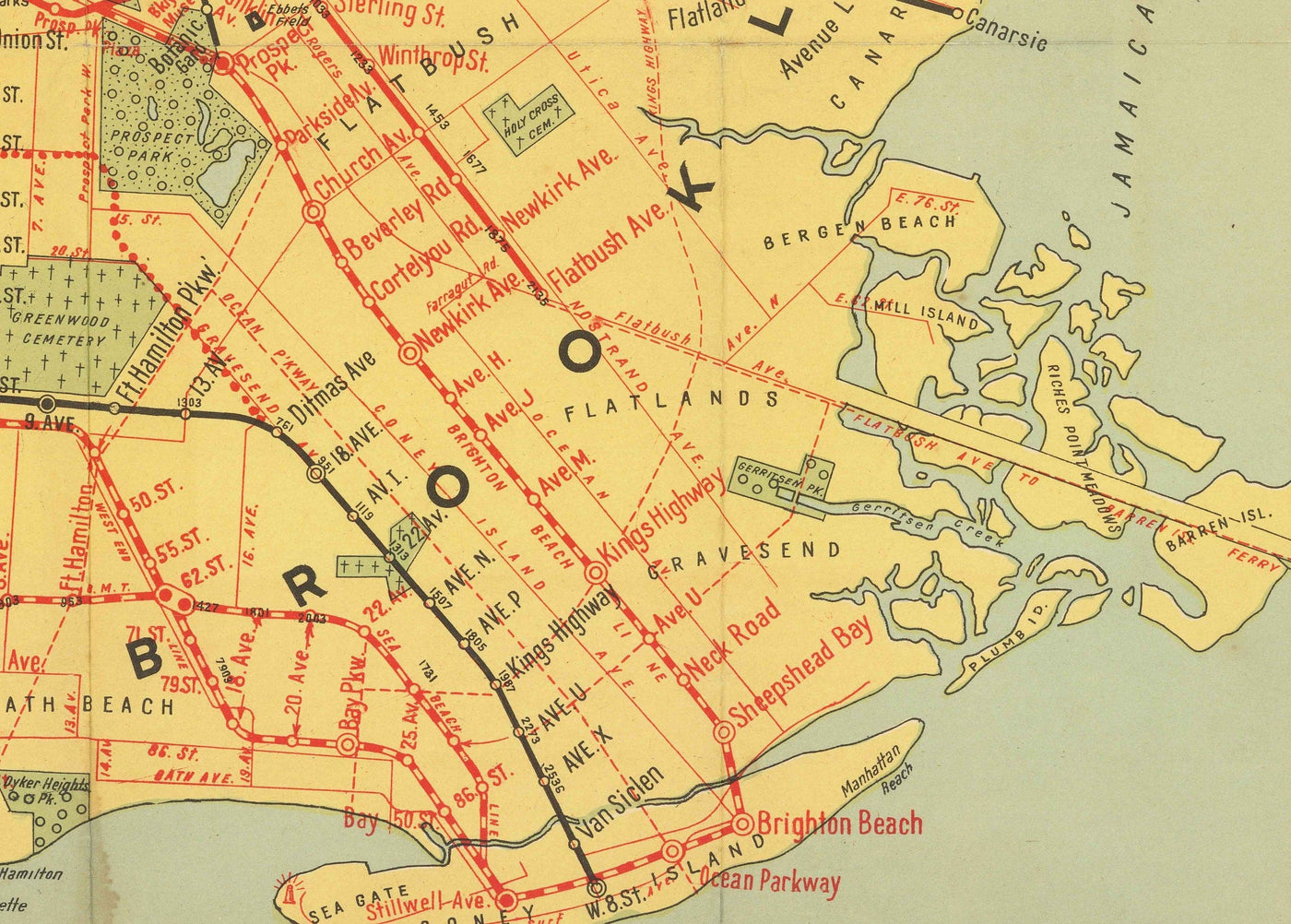 Alte U-Bahn-Karte von New York City im Jahr 1927 - Queens, Brooklyn, Eisenbahn, Manhattan, INT, BMT, Interboro Elevated Rail