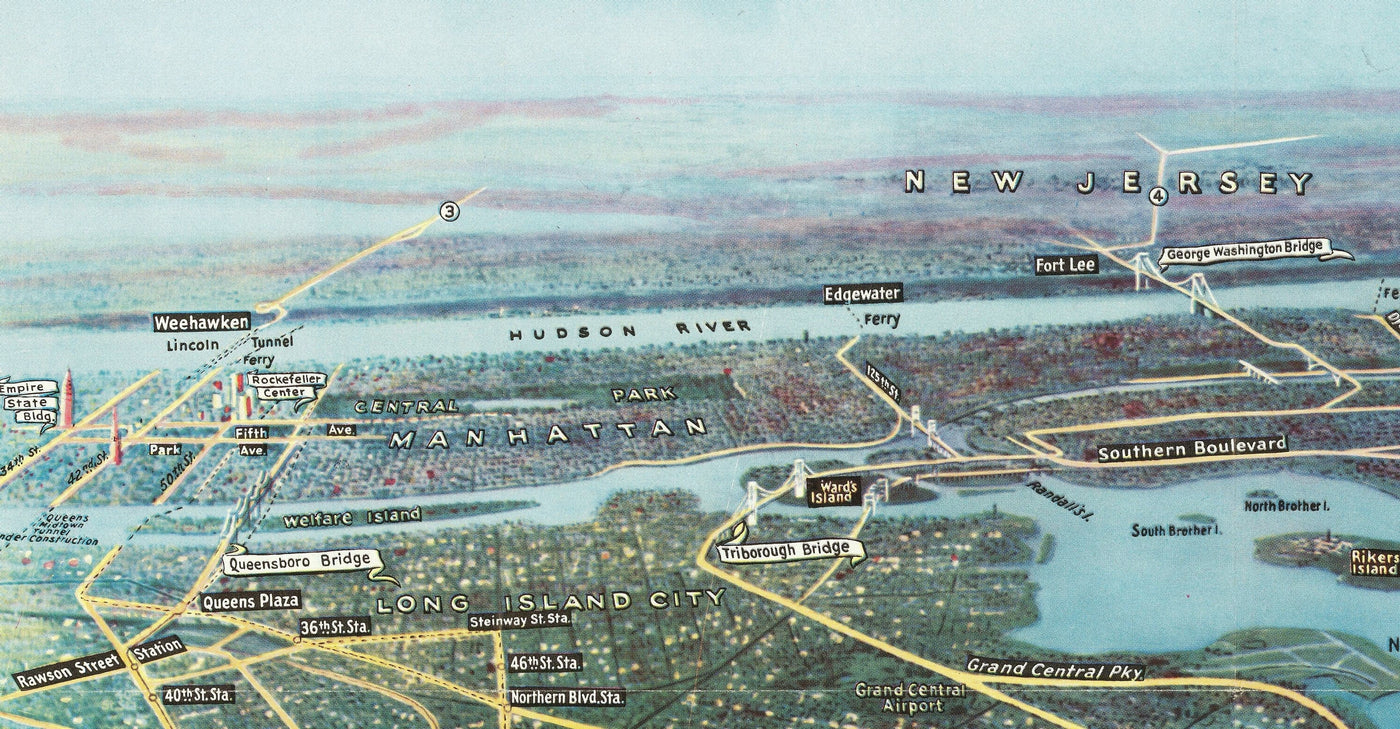 Feria Mundial de Nueva York, 1939 por Spofford - Antiguo mapa pictórico de Manhattan, Nueva Jersey, metro, ferrocarril, Flushing Meadows
