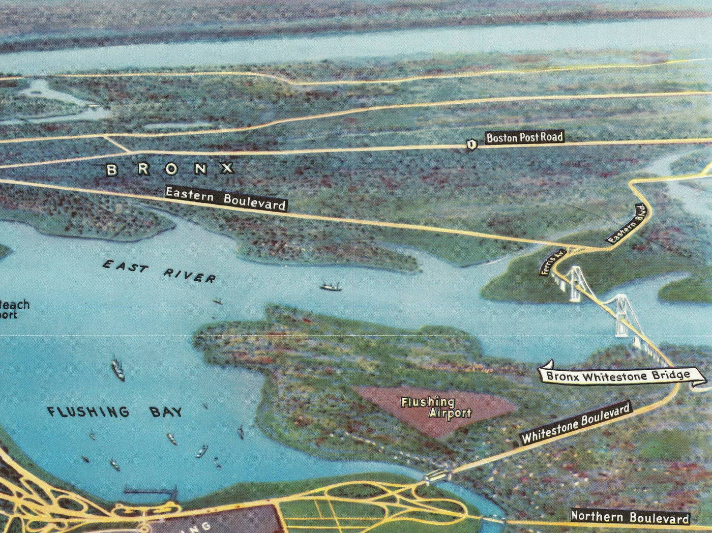 Feria Mundial de Nueva York, 1939 por Spofford - Antiguo mapa pictórico de Manhattan, Nueva Jersey, metro, ferrocarril, Flushing Meadows