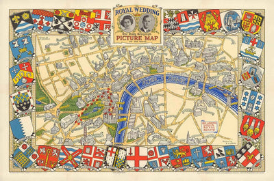 Ancienne carte du mariage royal à Londres, 1947 - emblèmes de l'arrondissement, reine Elizabeth II et prince Philip, abbaye de Westminster