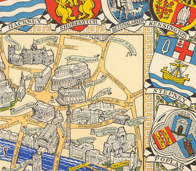 Mapa antiguo de la Boda Real en Londres, 1947 - Emblemas del municipio, Reina Isabel II y Príncipe Felipe, Abadía de Westminster