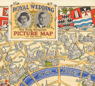 Alte Karte der königlichen Hochzeit in London, 1947 - Gemeindewappen, Königin Elisabeth II. und Prinz Philip, Westminster Abbey