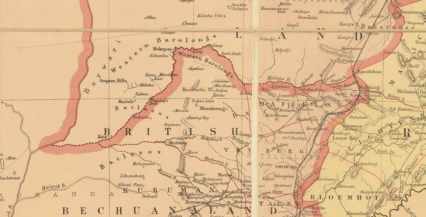 Antiguo mapa de Sudáfrica y África Central 1899 - Imperio Británico y Guerras Bóer, Ciudad del Cabo, Mozambique, Botsuana,