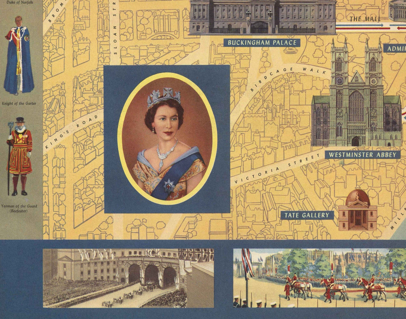 Ancienne carte picturale du couronnement de la reine à Londres, 1953 par Crosley - SM Elizabeth II, Famille royale, Westminster