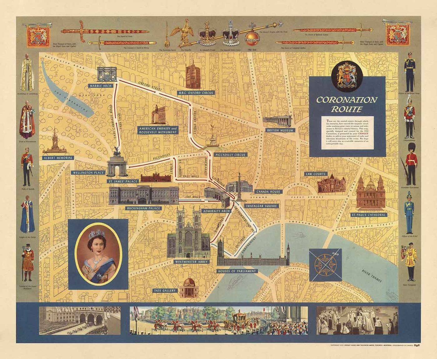 Ancienne carte picturale du couronnement de la reine à Londres, 1953 par Crosley - SM Elizabeth II, Famille royale, Westminster