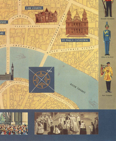 Antiguo mapa pictórico de la Coronación de la Reina en Londres, 1953 por Crosley - SM Isabel II, Familia Real, Westminster