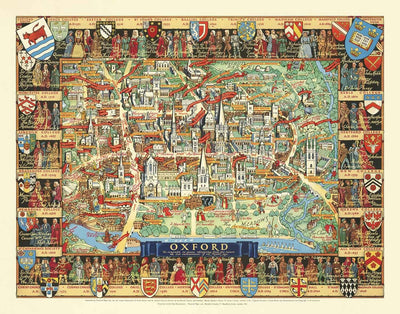 Antiguo mapa pictórico de Oxford por Kerry Lee, 1948 - Pictorial University Colleges, Landmarks - St Catherine's, Keble, All Souls