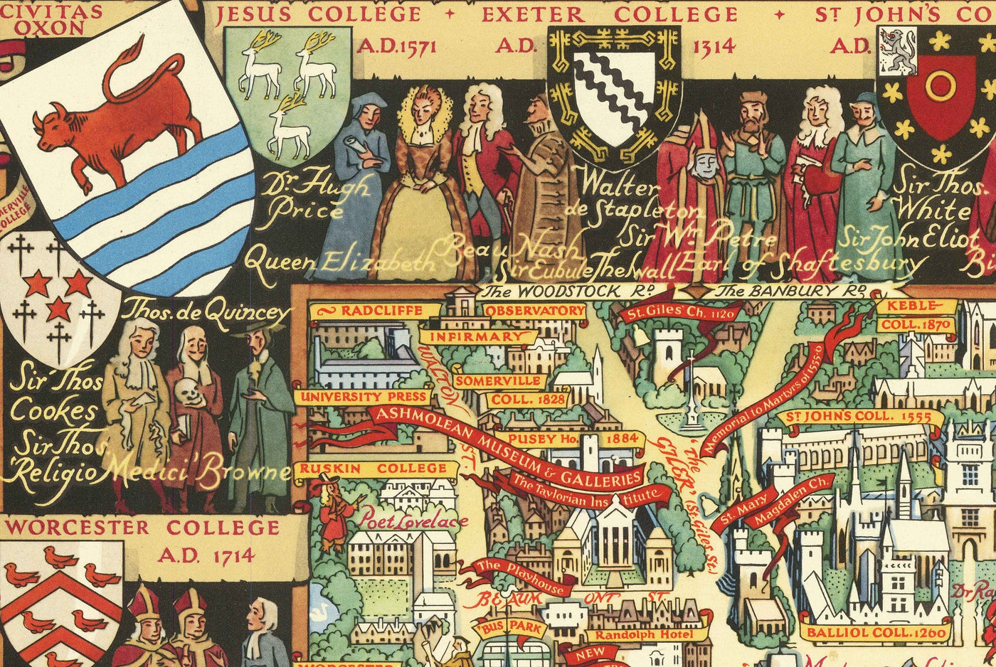 Old Pictorial Map of Oxford by Kerry Lee, 1948 - Pictorial University Colleges, Landmarks - St Catherine's, Keble, All Souls