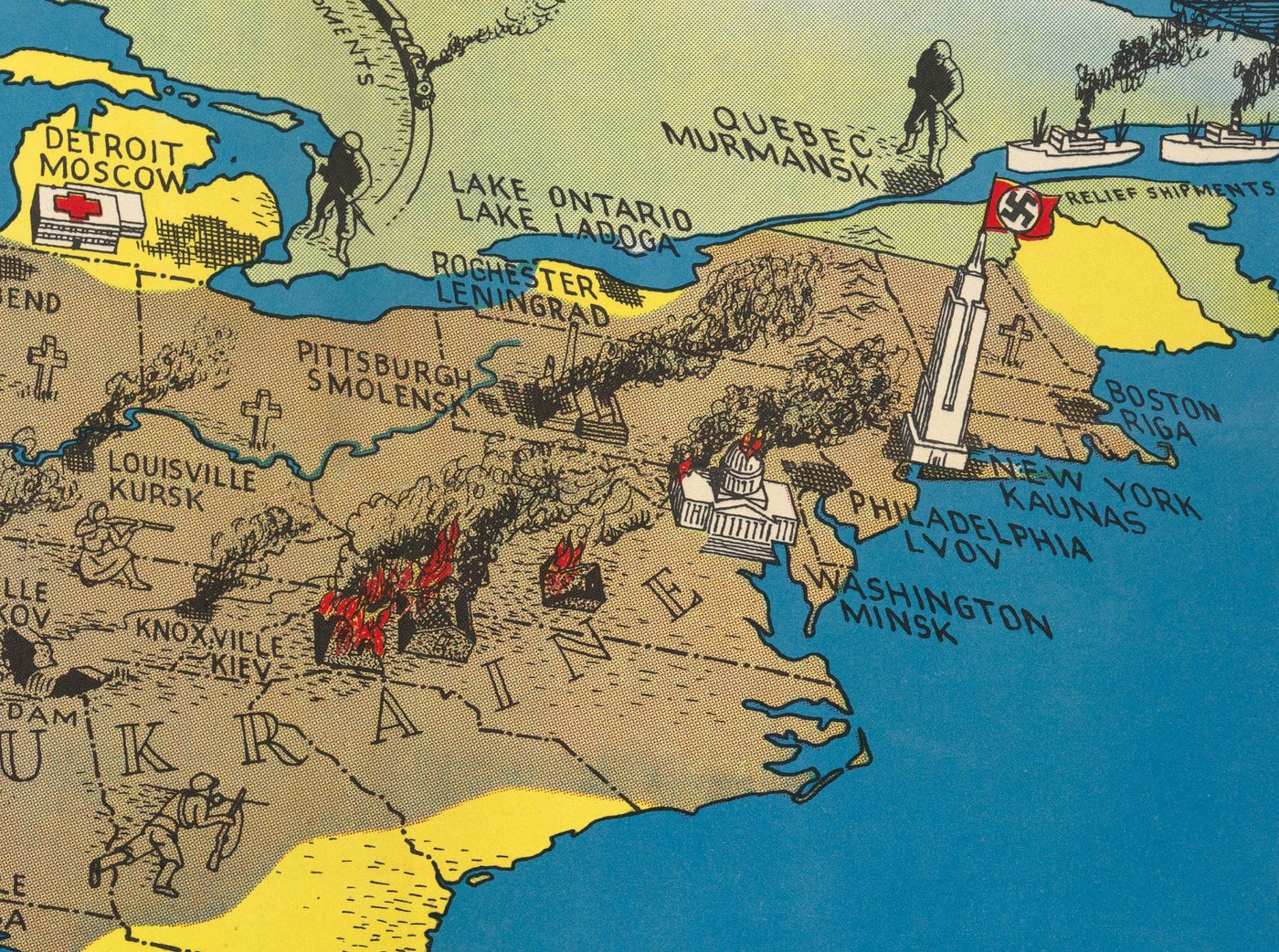 Antiguo mapa de Rusia y EE.UU., 1943 - Segunda Guerra Mundial Invasión nazi de la Unión Soviética, Ucrania - 38.000.000 escaparon, 10.000.000 murieron
