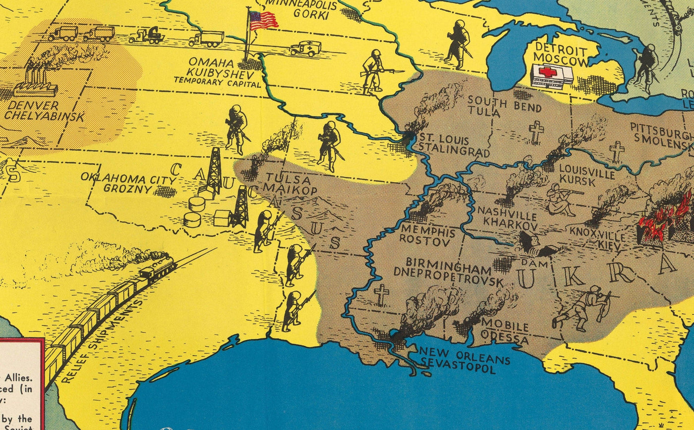 Antiguo mapa de Rusia y EE.UU., 1943 - Segunda Guerra Mundial Invasión nazi de la Unión Soviética, Ucrania - 38.000.000 escaparon, 10.000.000 murieron
