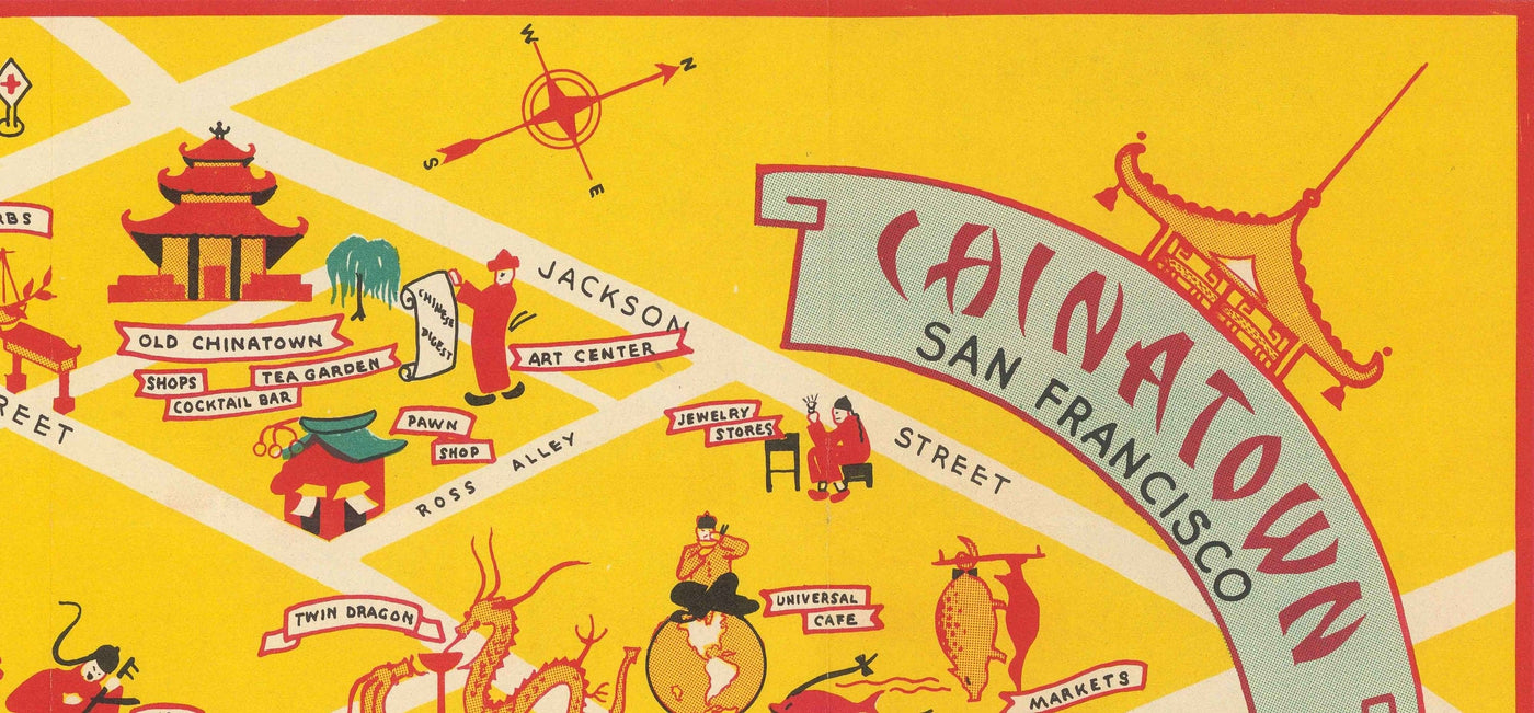 Alte Karte von Chinatown in San Francisco, 1939 - Grant Avenue, Stockton, Clay, Washington Street, St. Mary's Square