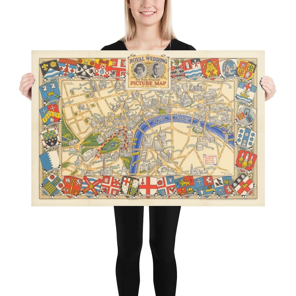 Mapa antiguo de la Boda Real en Londres, 1947 - Emblemas del municipio, Reina Isabel II y Príncipe Felipe, Abadía de Westminster