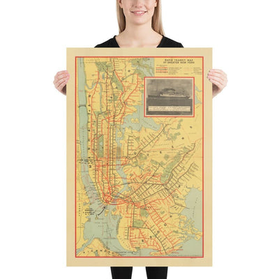 Antiguo mapa del metro de Nueva York en 1927 - Queens, Brooklyn, Railway, Manhattan, INT, BMT, Interboro Elevated Rail