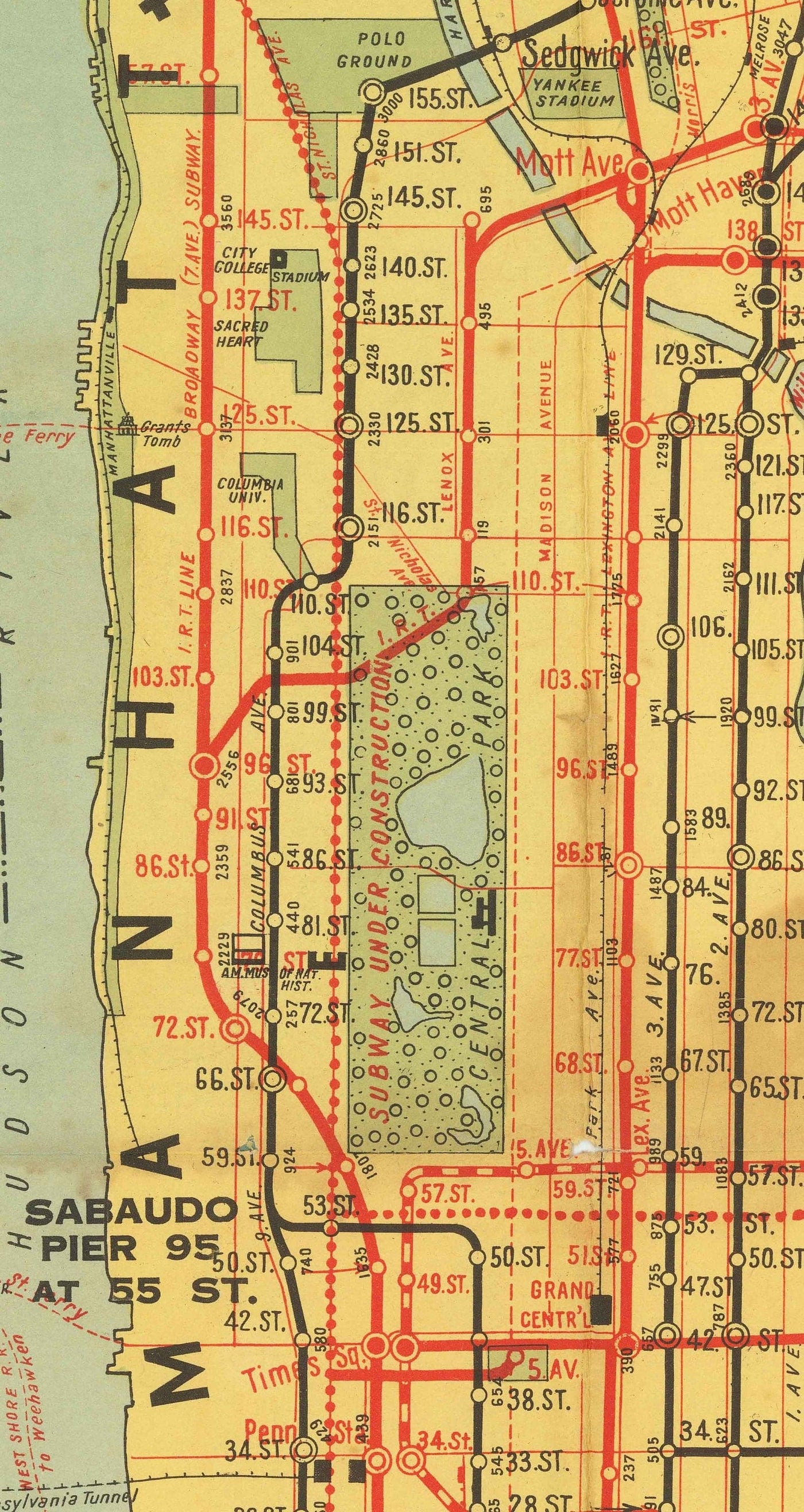 Antiguo mapa del metro de Nueva York en 1927 - Queens, Brooklyn, Railway, Manhattan, INT, BMT, Interboro Elevated Rail
