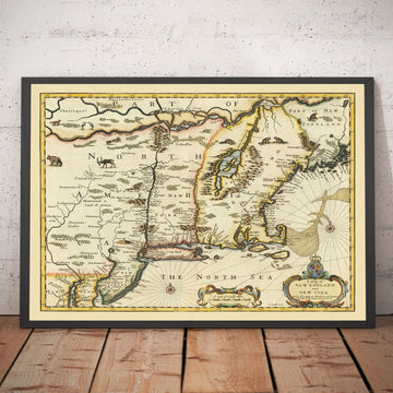 Carte ancienne de New York et de la Nouvelle-Angleterre, 1676 par John Speed - Côte Est des États-Unis, New Jersey, Massachusetts, Colonies britanniques