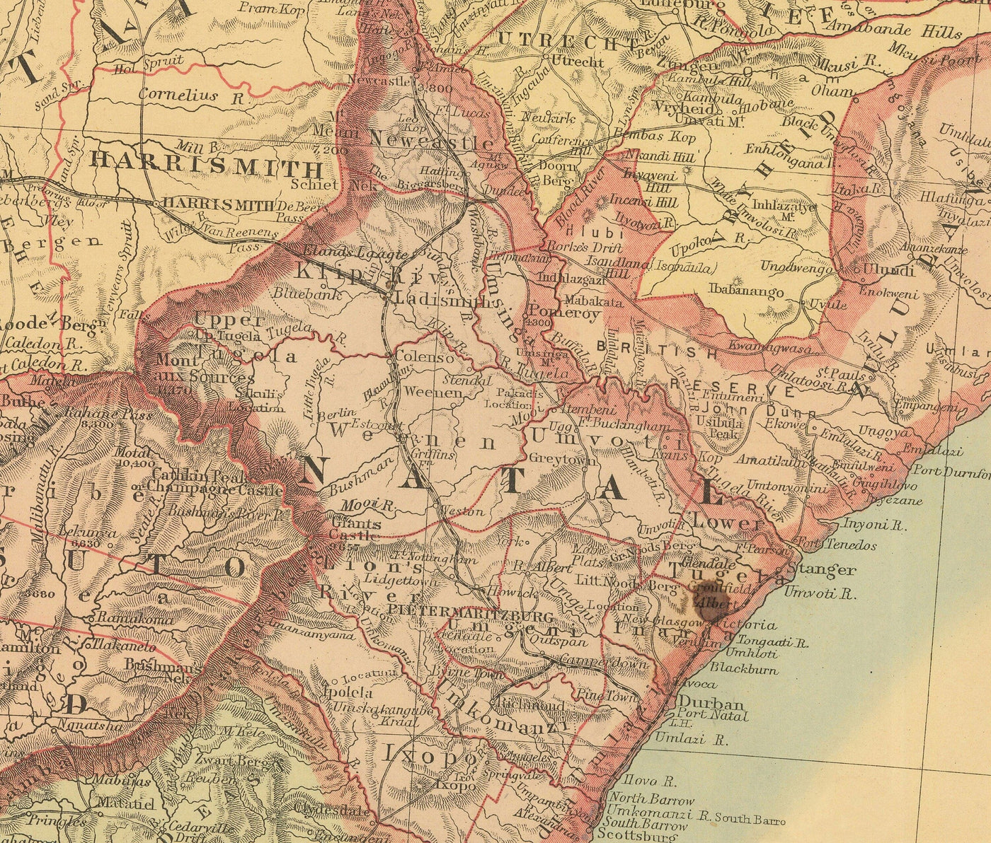 Ancienne carte de l'Afrique du Sud et de l'Afrique centrale 1899 - Empire britannique Impérialisme et guerres des Boers, Le Cap, Mozambique, Botswana,