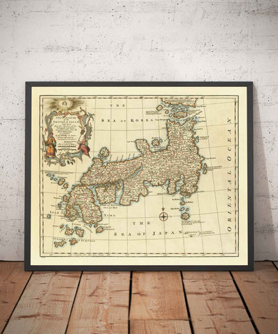 Antiguo mapa de Japón realizado por Bowen en 1744 - Tokio, Kioto, Osaka, Honshu, Shikoku, Kyushu, Kamchatka, Asia Oriental