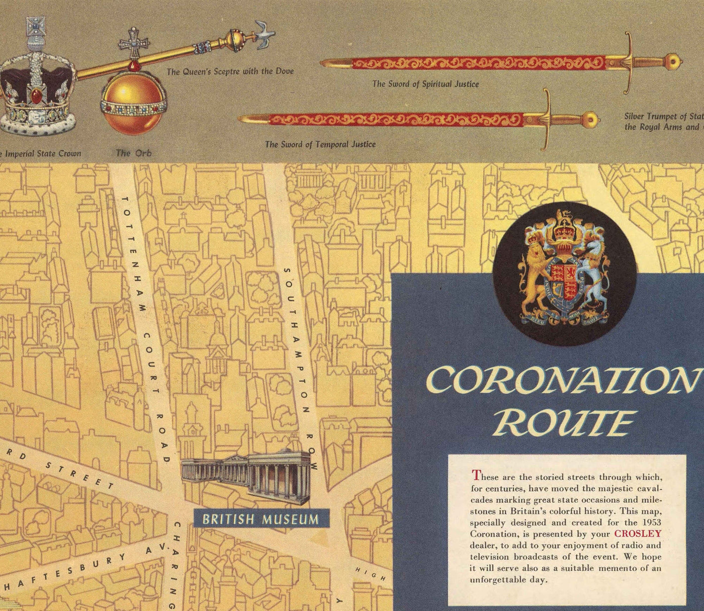 Antiguo mapa pictórico de la Coronación de la Reina en Londres, 1953 por Crosley - SM Isabel II, Familia Real, Westminster