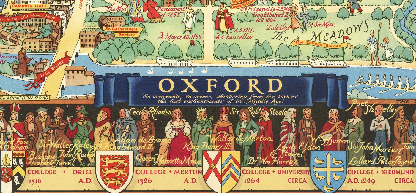 Alte Bildkarte von Oxford von Kerry Lee, 1948 - Bilduniversitätsschulen, Wahrzeichen - St Catherine's, Keble, All Souls