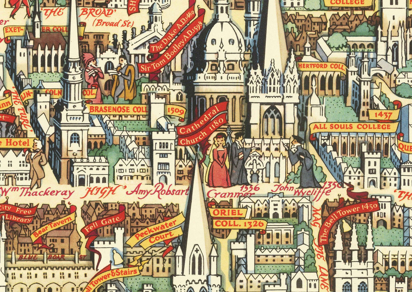 Ancienne carte illustrée d'Oxford par Kerry Lee, 1948 - Collèges universitaires illustrés, points de repère - St Catherine's, Keble, All Souls.