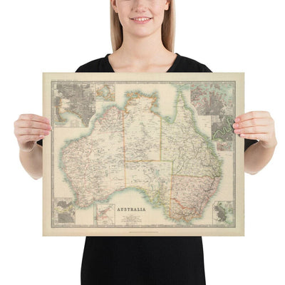 Ancienne carte d'Australie, 1911 par Johnston - NSW, Sydney, Queensland, Brisbane, Melbourne, Adelaide, Perth, Hobart
