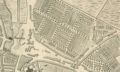 Antiguo mapa de Kilkenny realizado por John Rocque en 1758 - Río Nore, High Street, Gallow's Hill, Saint Patrick's Street