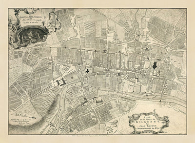 Ancienne carte de Kilkenny réalisée par John Rocque en 1758 - River Nore, High Street, Gallow's Hill, Saint Patrick's Street
