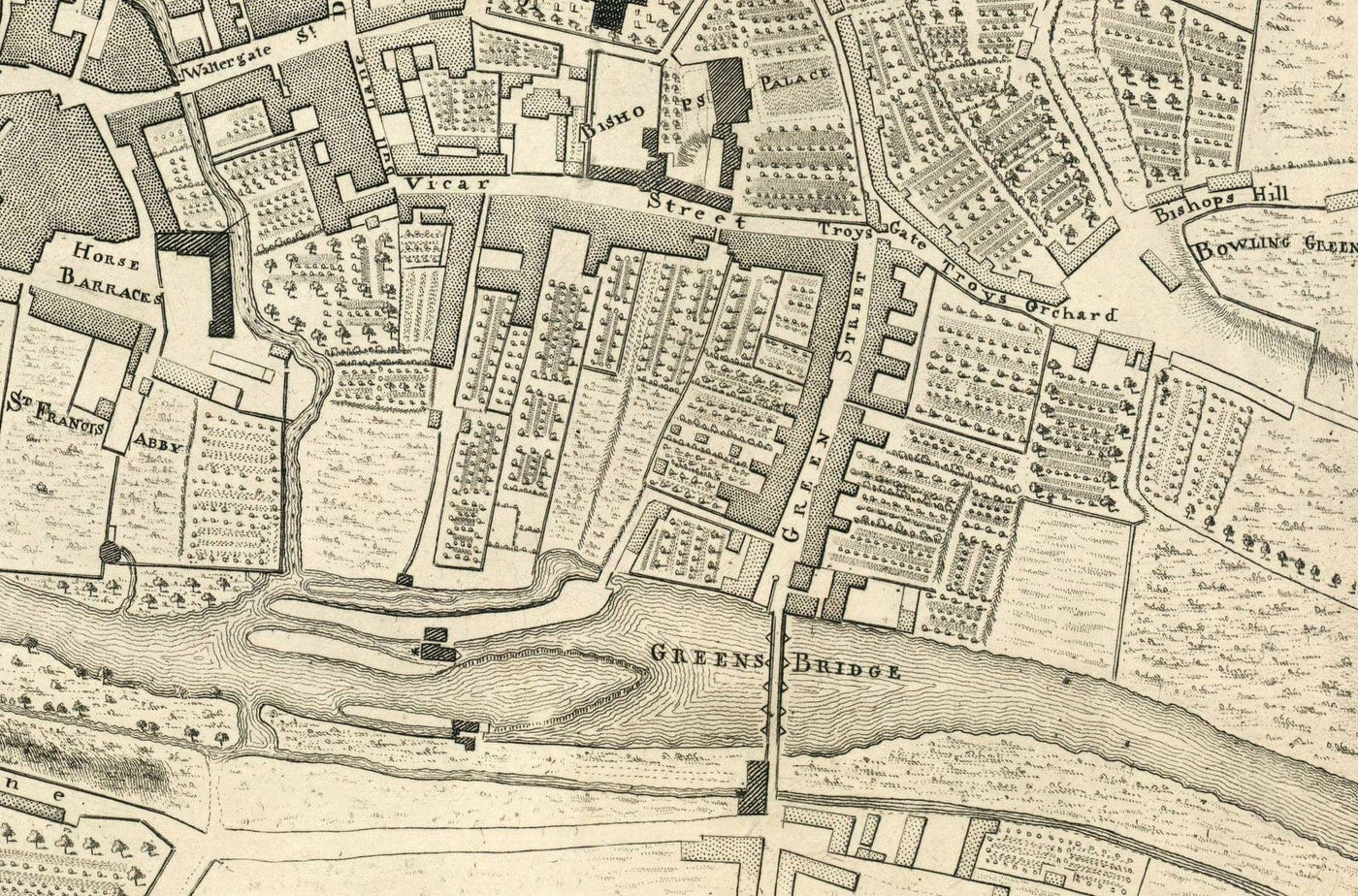 Old Map of Kilkenny by John Rocque in 1758 - River Nore, High Street, Gallow's Hill, Saint Patrick's Street