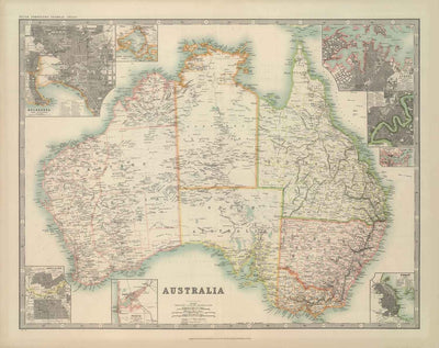 Mapa antiguo de Australia, 1911 por Johnston - NSW, Sydney, Queensland, Brisbane, Melbourne, Adelaide, Perth, Hobart