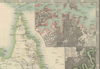 Alte Karte von Australien, 1911 von Johnston - NSW, Sydney, Queensland, Brisbane, Melbourne, Adelaide, Perth, Hobart