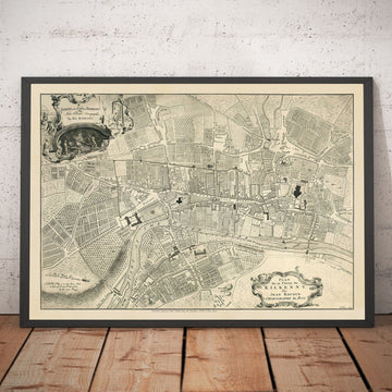 Antica mappa di Kilkenny di John Rocque nel 1758 - Fiume Nore, High Street, Gallow&